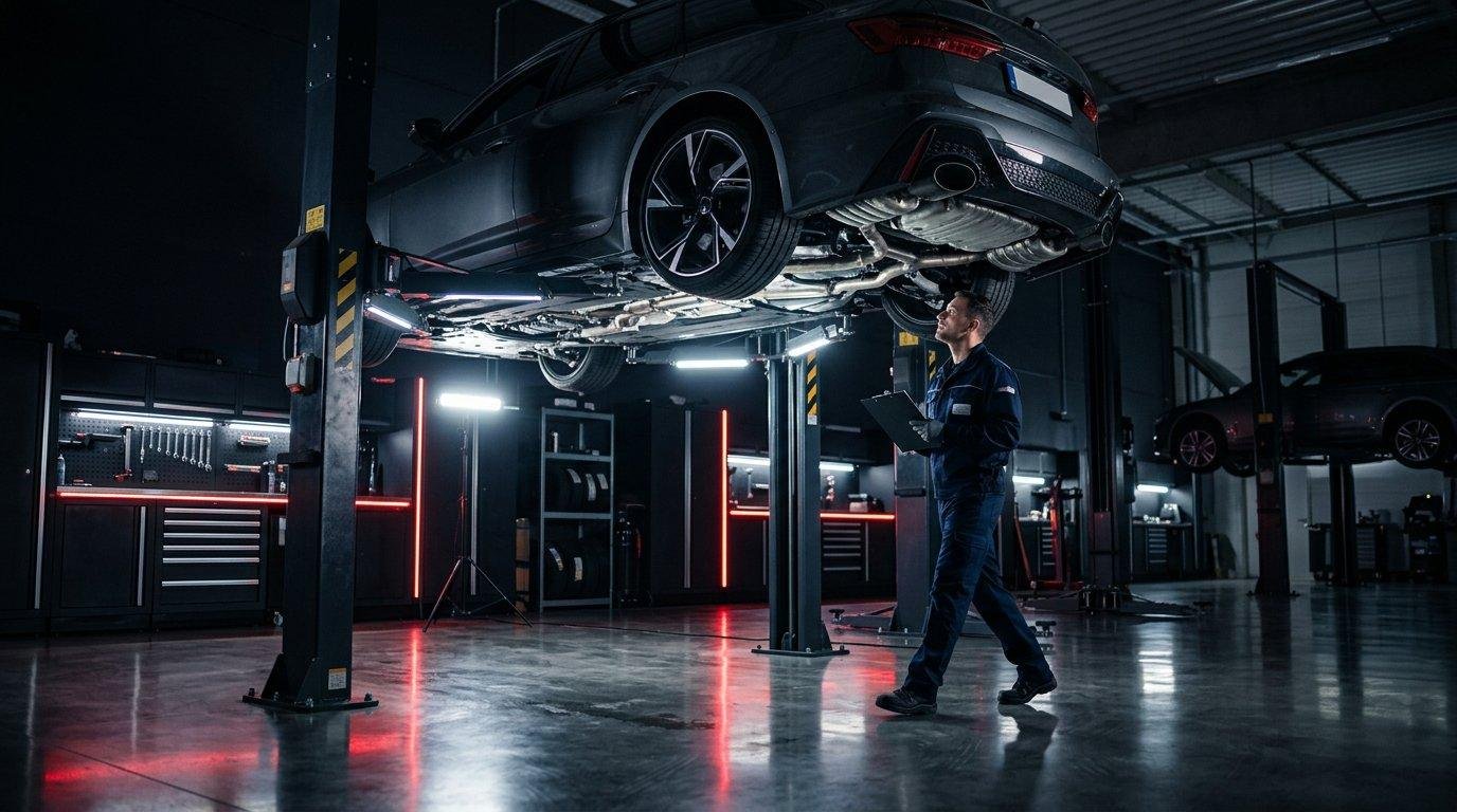 Vehicle raised on a lift for a full inspection in a modern workshop — representative automotive image